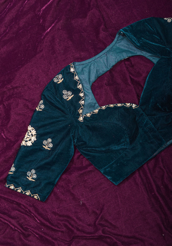Made to Order: Dark Green Velvet Blouse with Embroidered and Glass Bead detailing