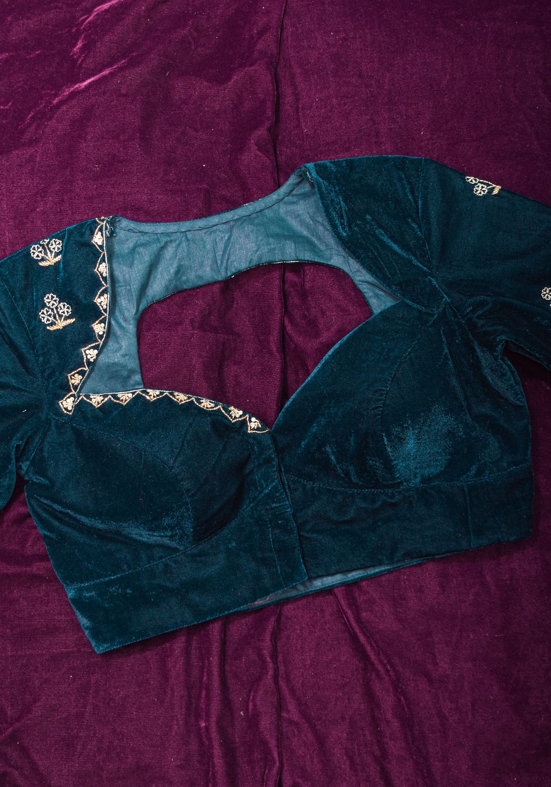 Made to Order: Dark Green Velvet Blouse with Embroidered and Glass Bead detailing