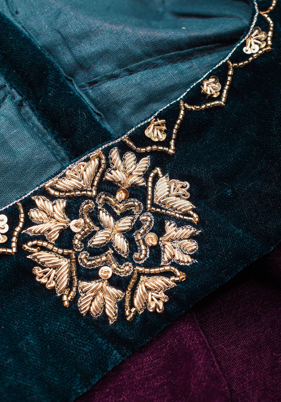 Made to Order: Dark Green Velvet Blouse with Embroidered and Glass Bead detailing