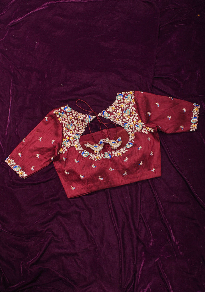Made To Order: Maroon Pure Raw Silk Heavy Hand work Meenakari and Zardosi Peacock Design Blouse