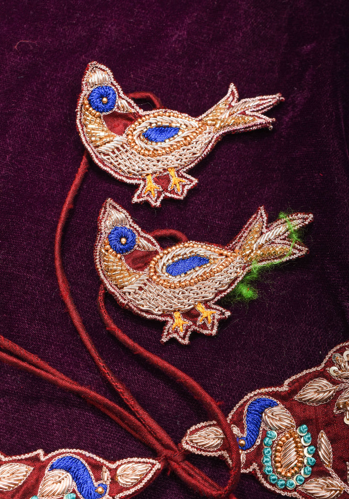 Made To Order: Maroon Pure Raw Silk Heavy Hand work Meenakari and Zardosi Peacock Design Blouse
