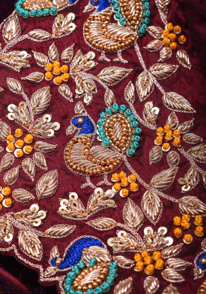 Made To Order: Maroon Pure Raw Silk Heavy Hand work Meenakari and Zardosi Peacock Design Blouse