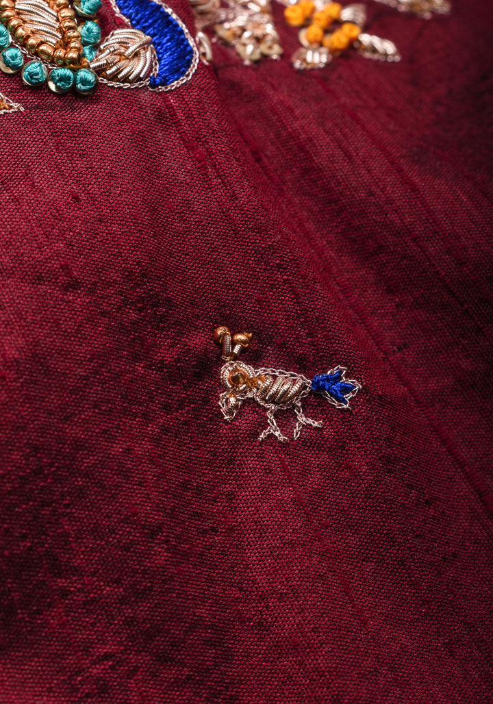 Made To Order: Maroon Pure Raw Silk Heavy Hand work Meenakari and Zardosi Peacock Design Blouse
