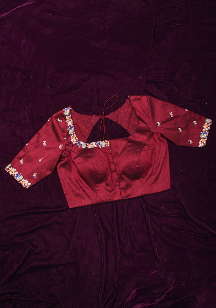 Made To Order: Maroon Pure Raw Silk Heavy Hand work Meenakari and Zardosi Peacock Design Blouse