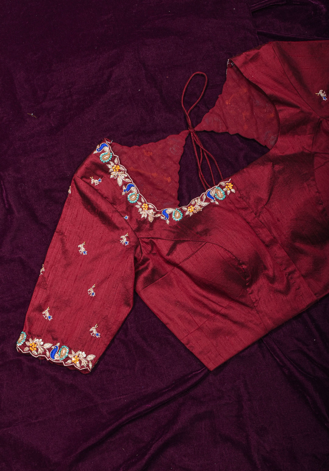 Made To Order: Maroon Pure Raw Silk Heavy Hand work Meenakari and Zardosi Peacock Design Blouse