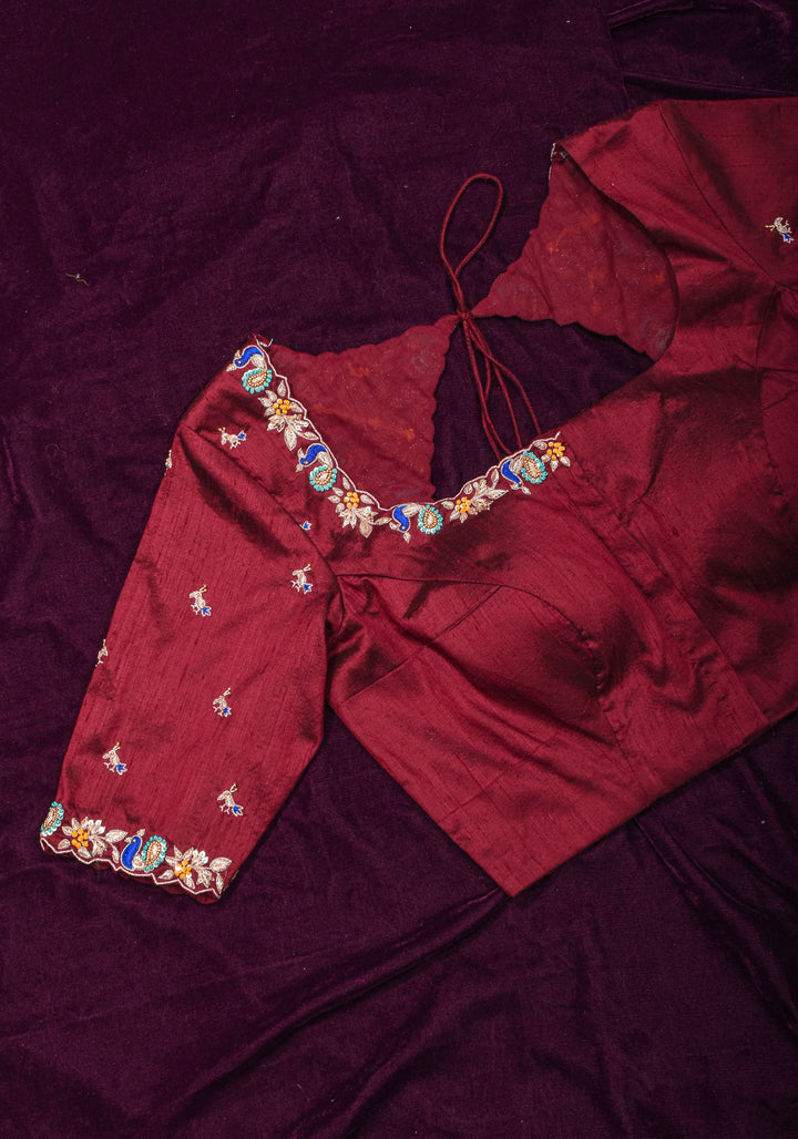 Made To Order: Maroon Pure Raw Silk Heavy Hand work Meenakari and Zardosi Peacock Design Blouse