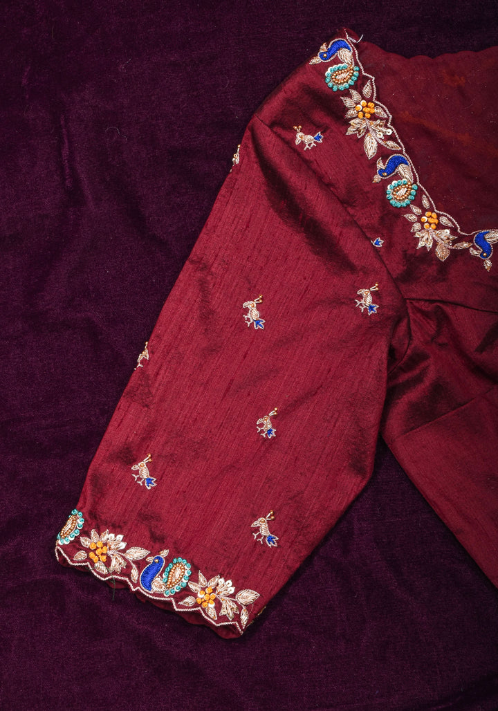 Made To Order: Maroon Pure Raw Silk Heavy Hand work Meenakari and Zardosi Peacock Design Blouse