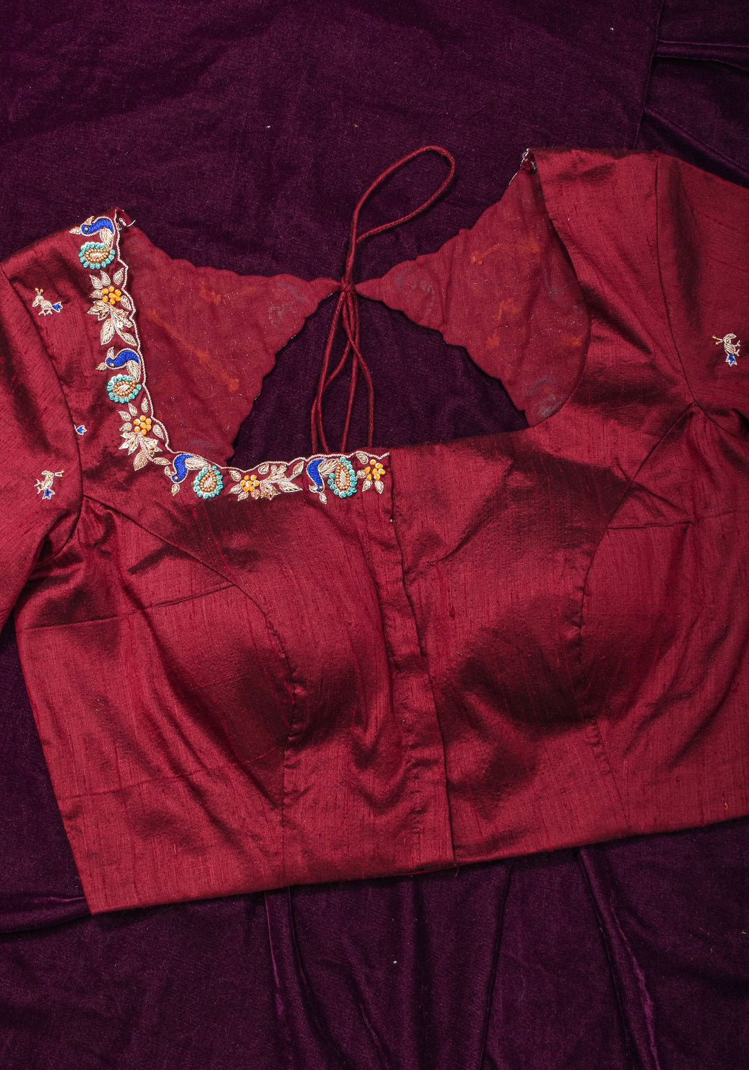 Made To Order: Maroon Pure Raw Silk Heavy Hand work Meenakari and Zardosi Peacock Design Blouse