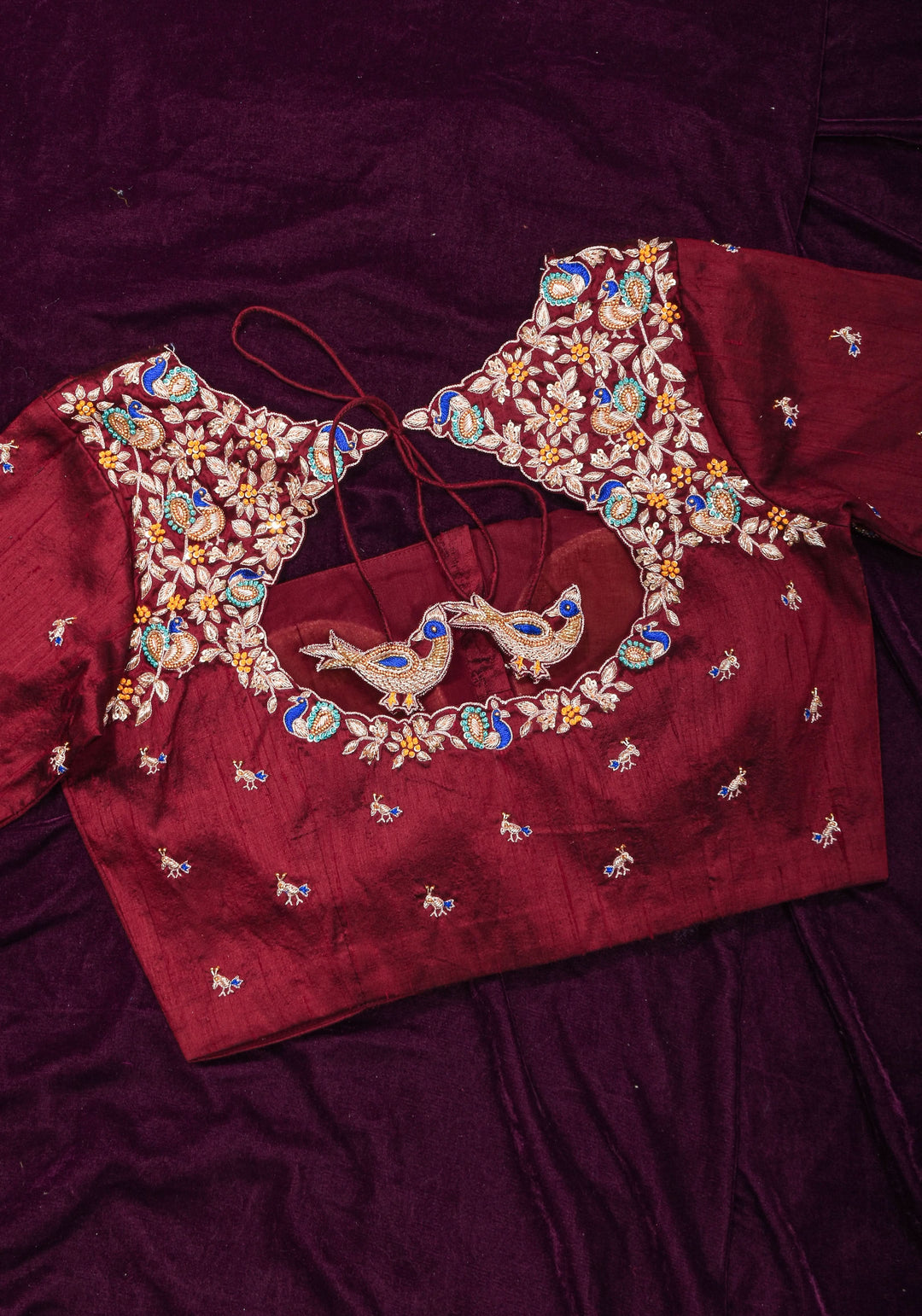Made To Order: Maroon Pure Raw Silk Heavy Hand work Meenakari and Zardosi Peacock Design Blouse
