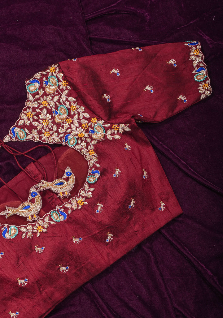 Made To Order: Maroon Pure Raw Silk Heavy Hand work Meenakari and Zardosi Peacock Design Blouse