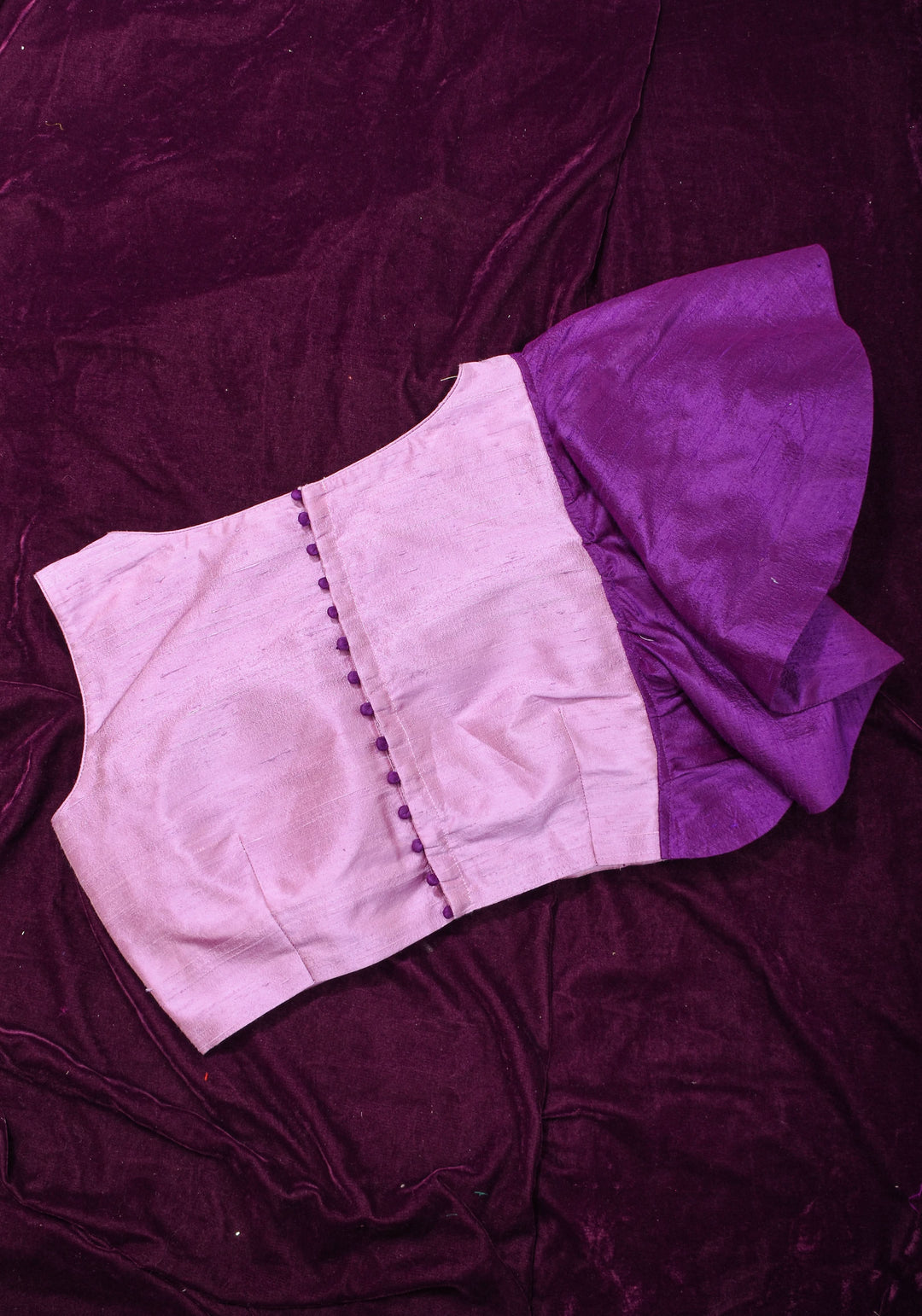 Two Color Pure Raw Sik One Side Ruffle Sleeve Blouse, Made to Order