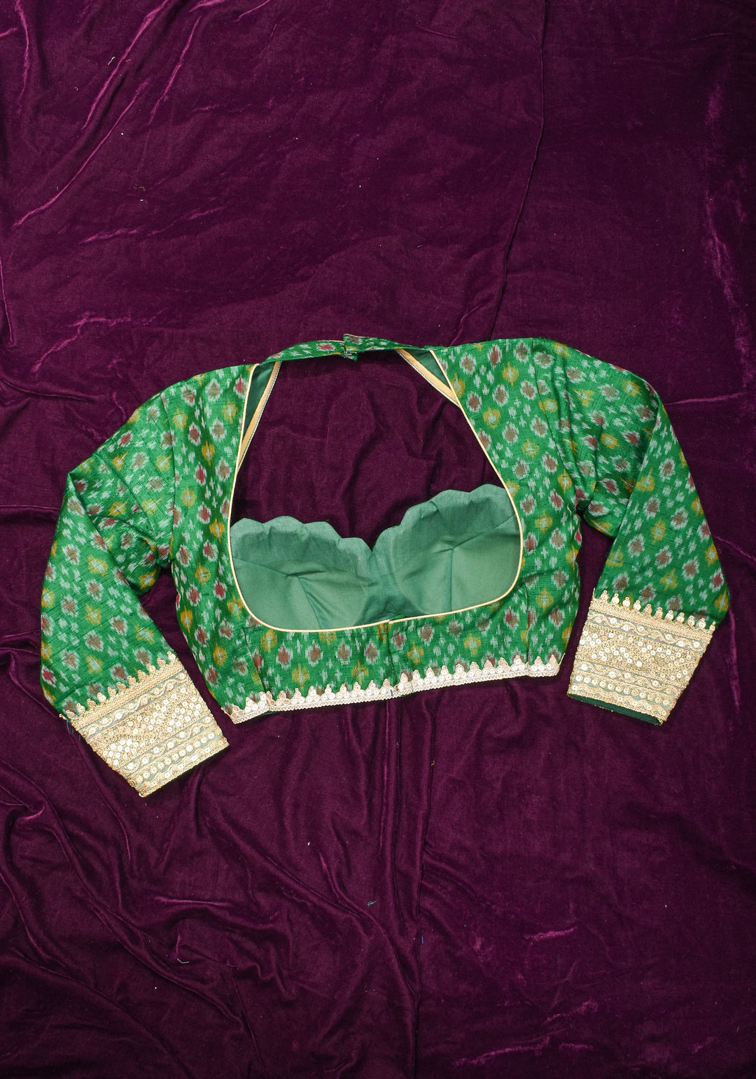 Made To Order: Emerald Green Pure Raw Silk Ikkat Weave Blouse with Scallop neck and long sleeve with gotta patti detailing