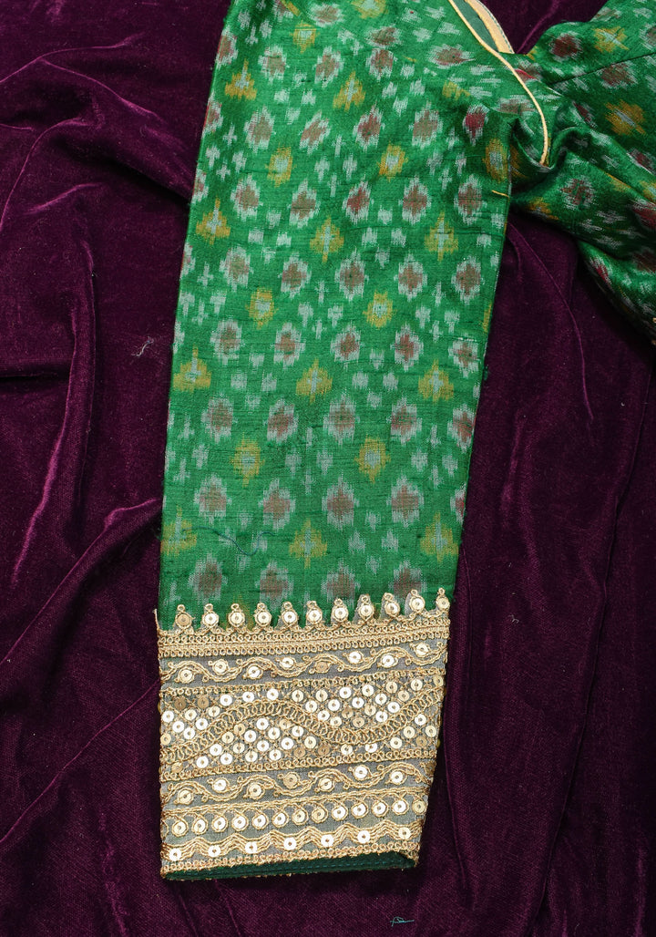 Made To Order: Emerald Green Pure Raw Silk Ikkat Weave Blouse with Scallop neck and long sleeve with gotta patti detailing