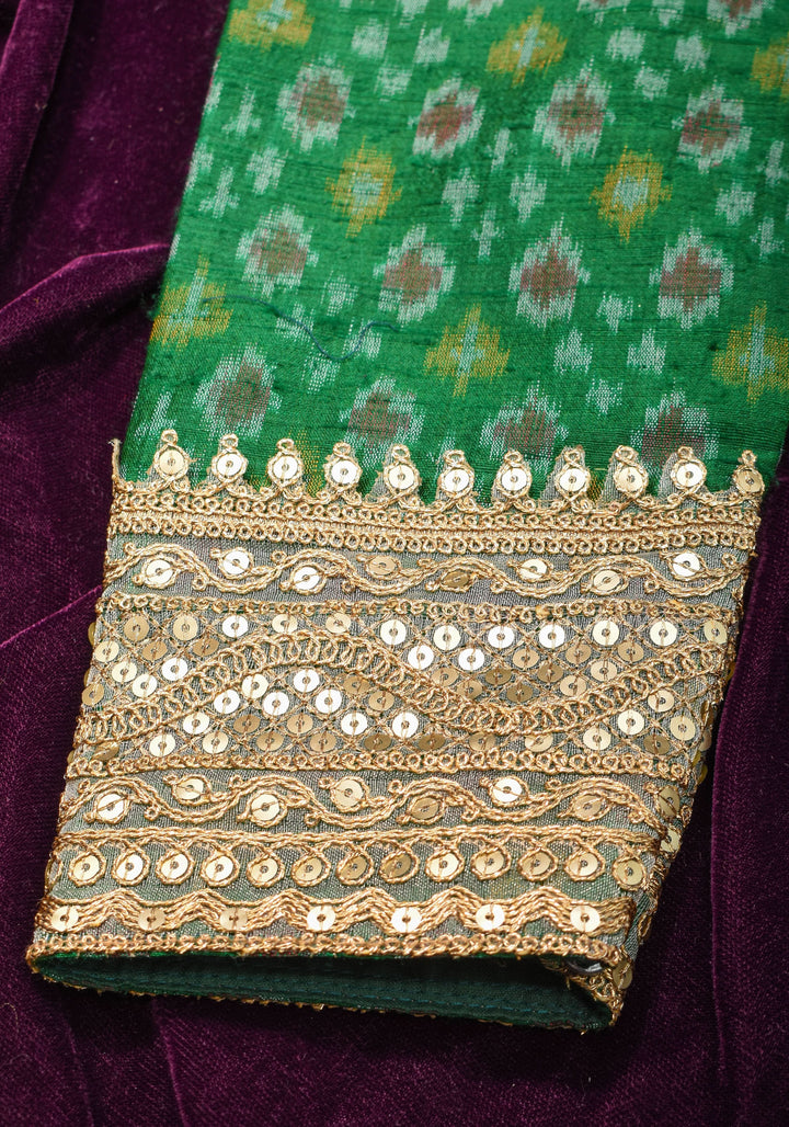 Made To Order: Emerald Green Pure Raw Silk Ikkat Weave Blouse with Scallop neck and long sleeve with gotta patti detailing