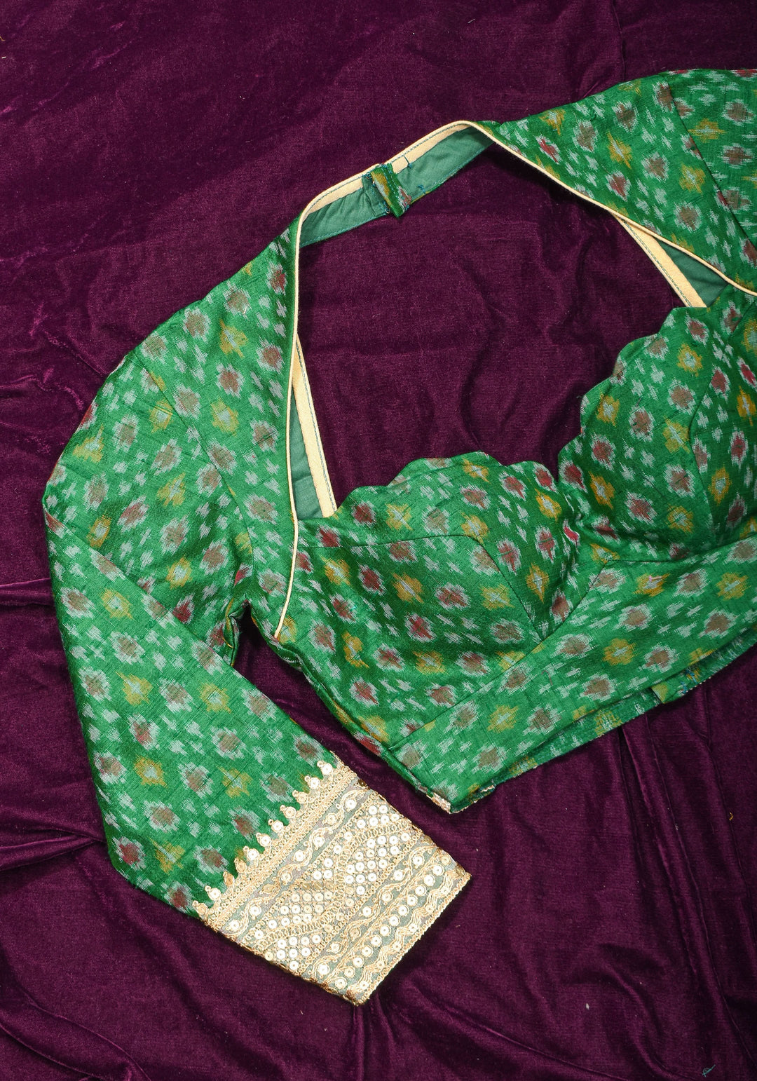 Made To Order: Emerald Green Pure Raw Silk Ikkat Weave Blouse with Scallop neck and long sleeve with gotta patti detailing