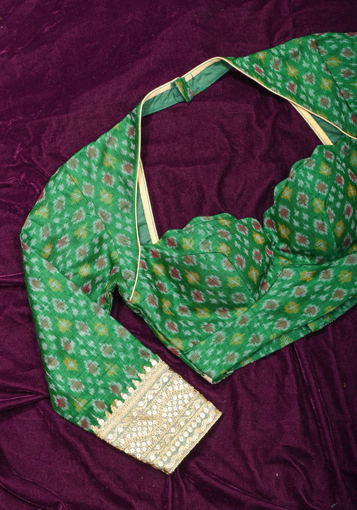 Made To Order: Emerald Green Pure Raw Silk Ikkat Weave Blouse with Scallop neck and long sleeve with gotta patti detailing