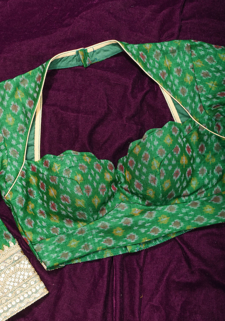Made To Order: Emerald Green Pure Raw Silk Ikkat Weave Blouse with Scallop neck and long sleeve with gotta patti detailing