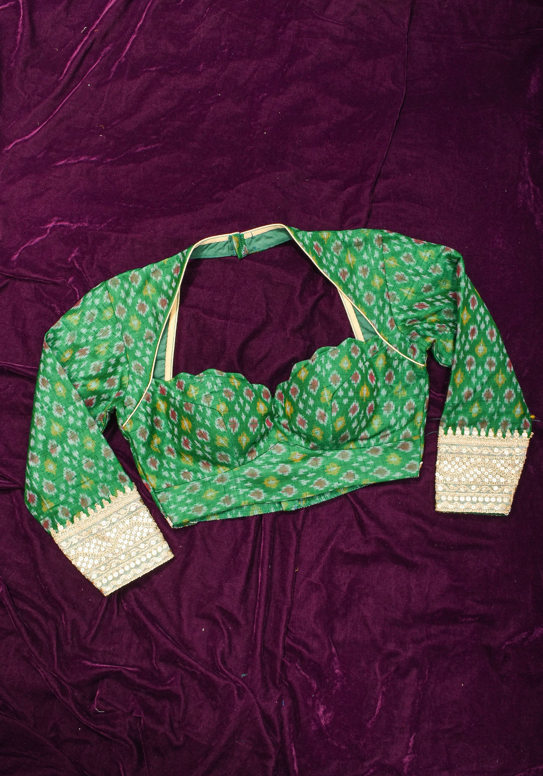 Made To Order: Emerald Green Pure Raw Silk Ikkat Weave Blouse with Scallop neck and long sleeve with gotta patti detailing