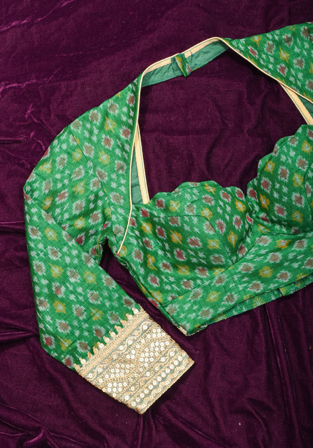 Made To Order: Emerald Green Pure Raw Silk Ikkat Weave Blouse with Scallop neck and long sleeve with gotta patti detailing