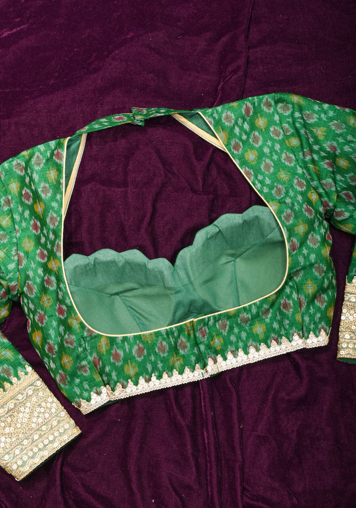 Made To Order: Emerald Green Pure Raw Silk Ikkat Weave Blouse with Scallop neck and long sleeve with gotta patti detailing