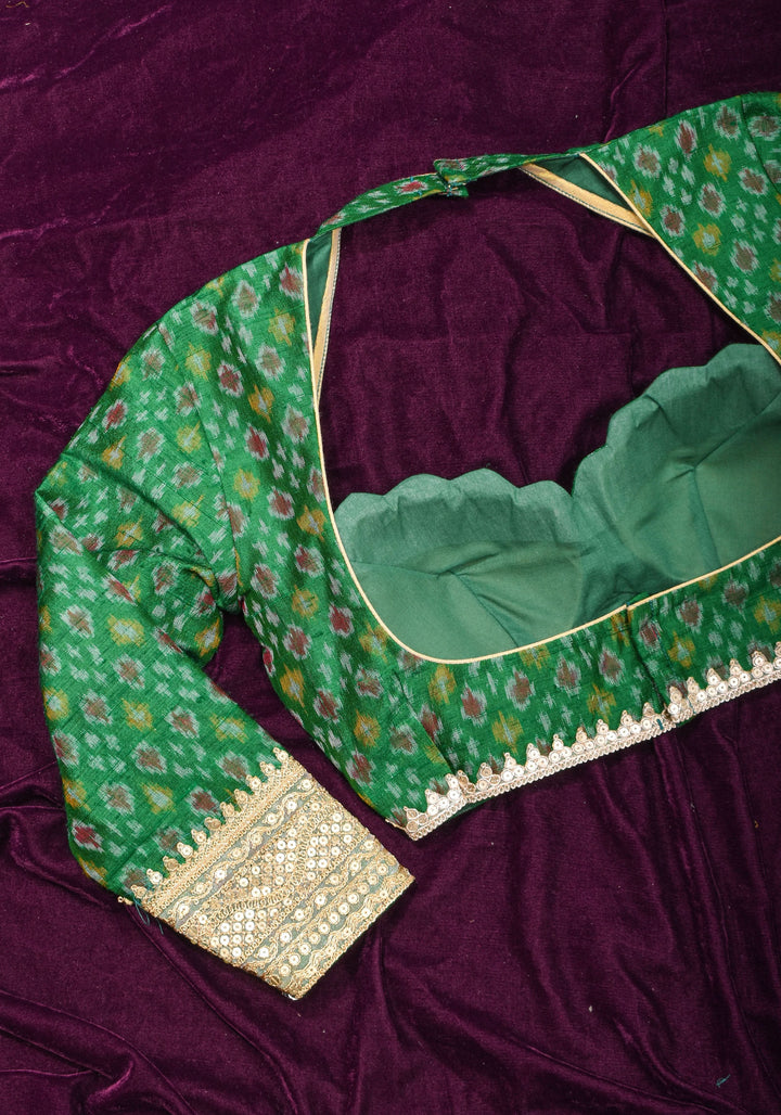 Made To Order: Emerald Green Pure Raw Silk Ikkat Weave Blouse with Scallop neck and long sleeve with gotta patti detailing