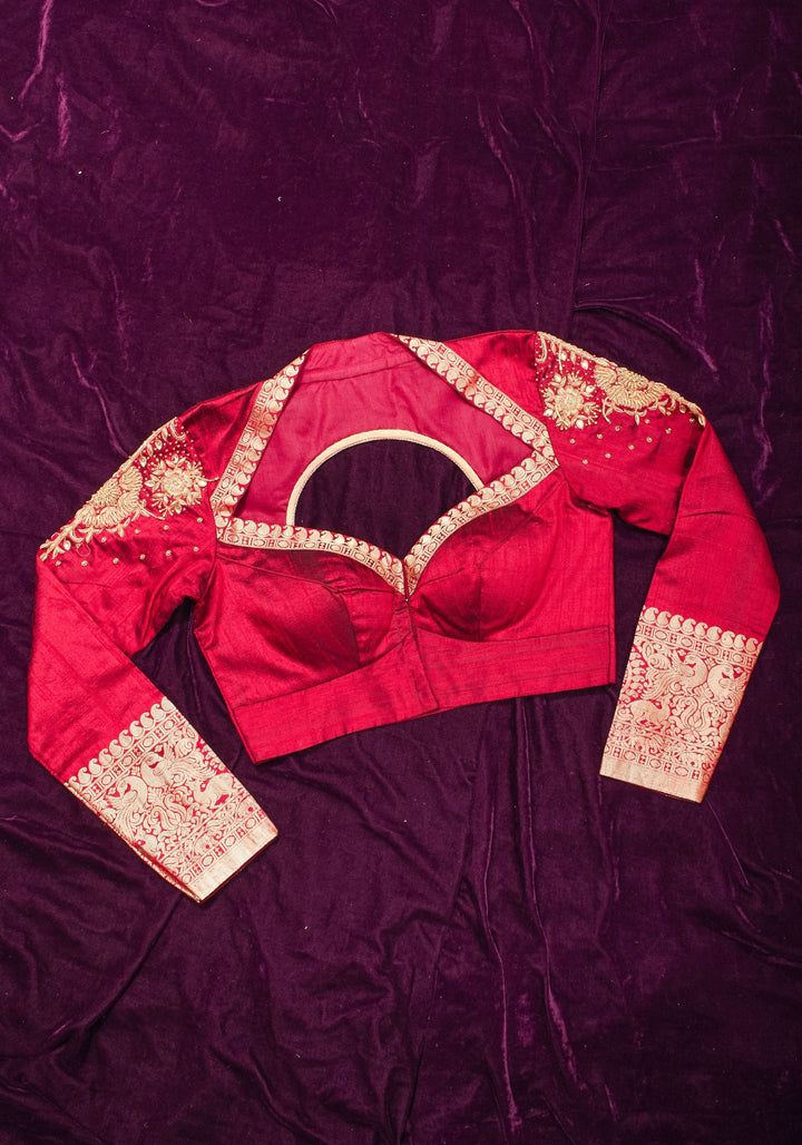 Maroon Pure raw silk blouse with  full sleeves and Heavy Zardozi work on upper sleeve and back, Made to Order