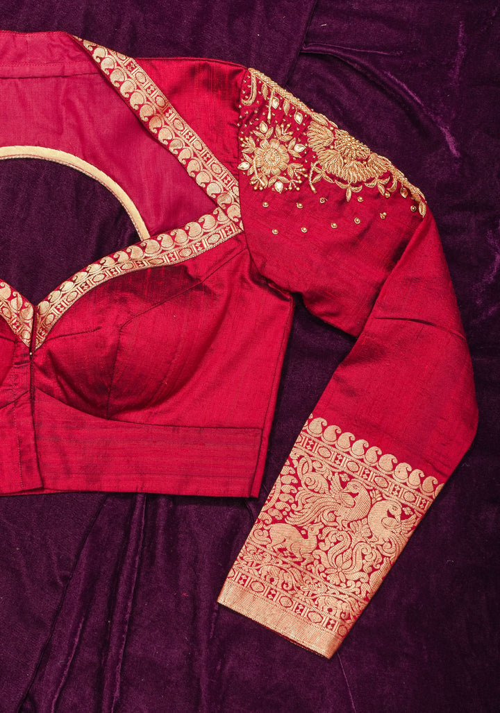 Maroon Pure raw silk blouse with  full sleeves and Heavy Zardozi work on upper sleeve and back, Made to Order