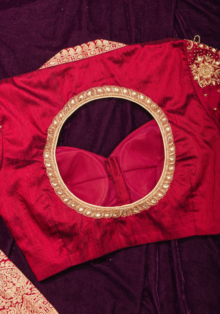 Maroon Pure raw silk blouse with  full sleeves and Heavy Zardozi work on upper sleeve and back, Made to Order