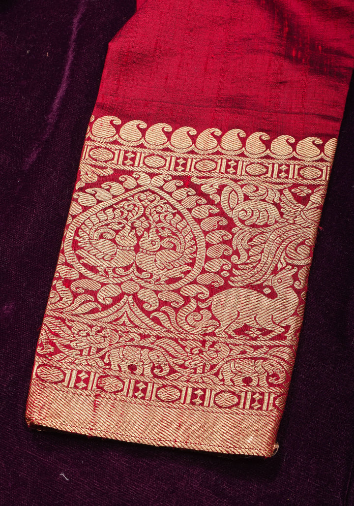 Maroon Pure raw silk blouse with  full sleeves and Heavy Zardozi work on upper sleeve and back, Made to Order