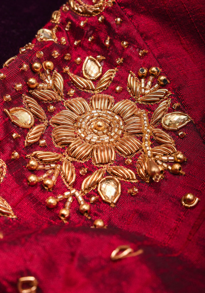 Maroon Pure raw silk blouse with  full sleeves and Heavy Zardozi work on upper sleeve and back, Made to Order