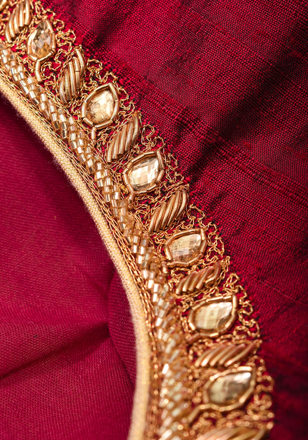 Maroon Pure raw silk blouse with  full sleeves and Heavy Zardozi work on upper sleeve and back, Made to Order