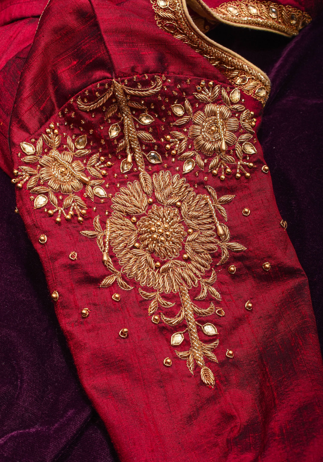 Maroon Pure raw silk blouse with  full sleeves and Heavy Zardozi work on upper sleeve and back, Made to Order