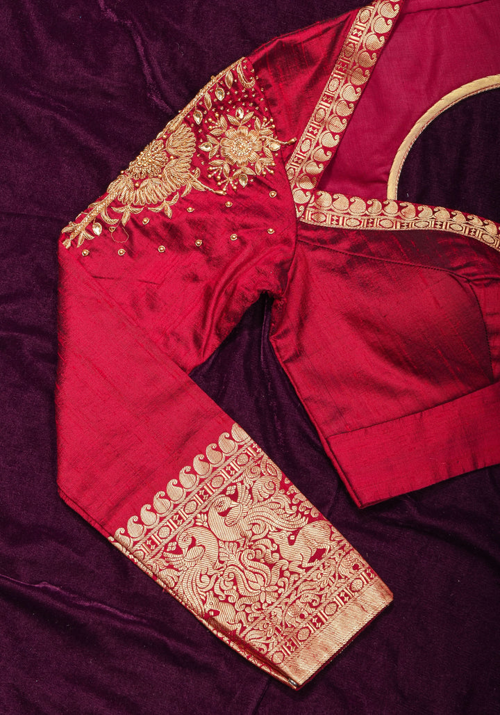 Maroon Pure raw silk blouse with  full sleeves and Heavy Zardozi work on upper sleeve and back, Made to Order