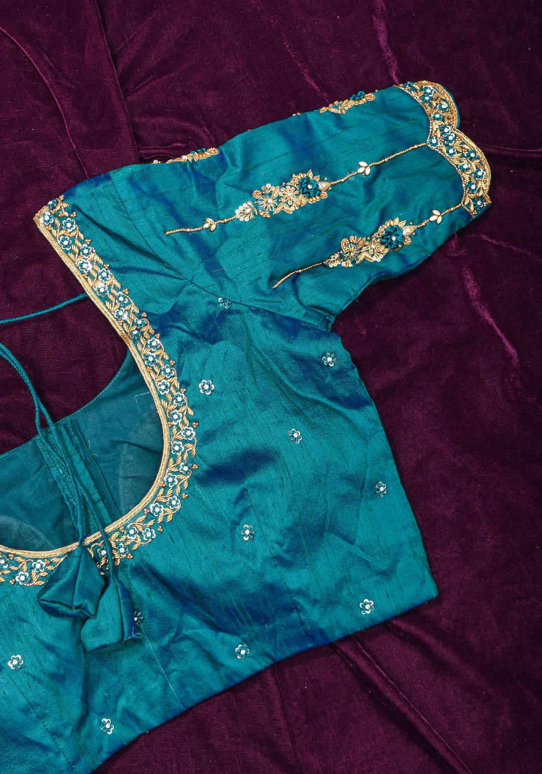 Made to Order: Peacock Blue Pure Raw Silk Blouse with Zardozi and Bead detailing