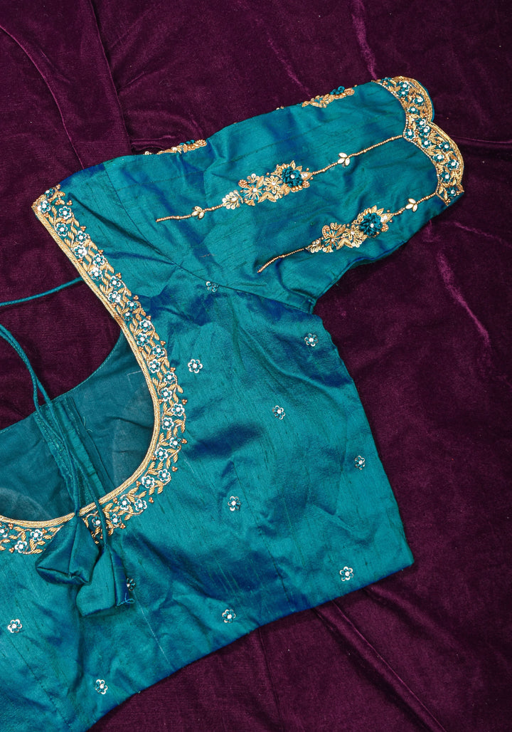Made to Order: Peacock Blue Pure Raw Silk Blouse with Zardozi and Bead detailing