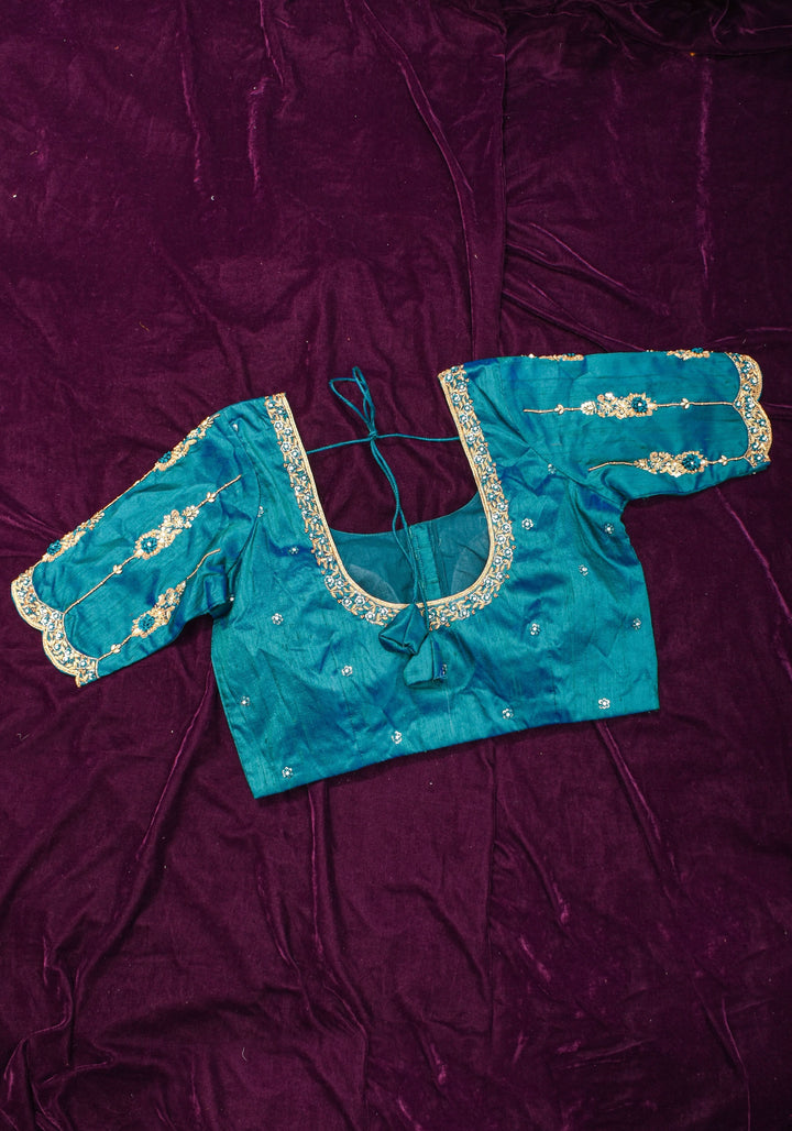 Made to Order: Peacock Blue Pure Raw Silk Blouse with Zardozi and Bead detailing