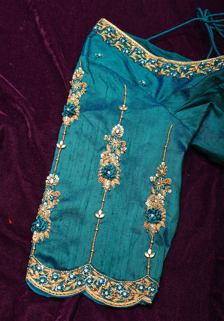 Made to Order: Peacock Blue Pure Raw Silk Blouse with Zardozi and Bead detailing