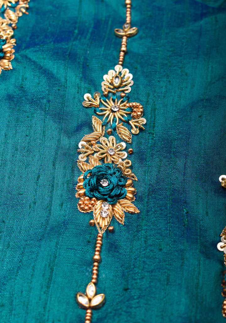 Made to Order: Peacock Blue Pure Raw Silk Blouse with Zardozi and Bead detailing