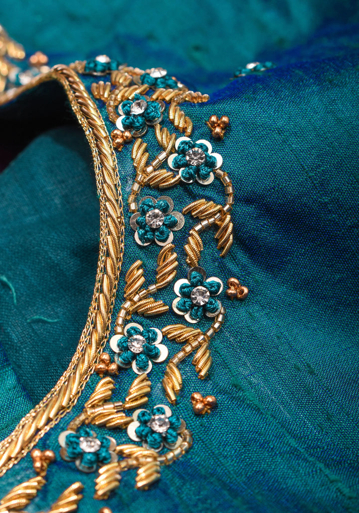 Made to Order: Peacock Blue Pure Raw Silk Blouse with Zardozi and Bead detailing