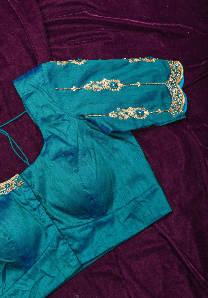 Made to Order: Peacock Blue Pure Raw Silk Blouse with Zardozi and Bead detailing