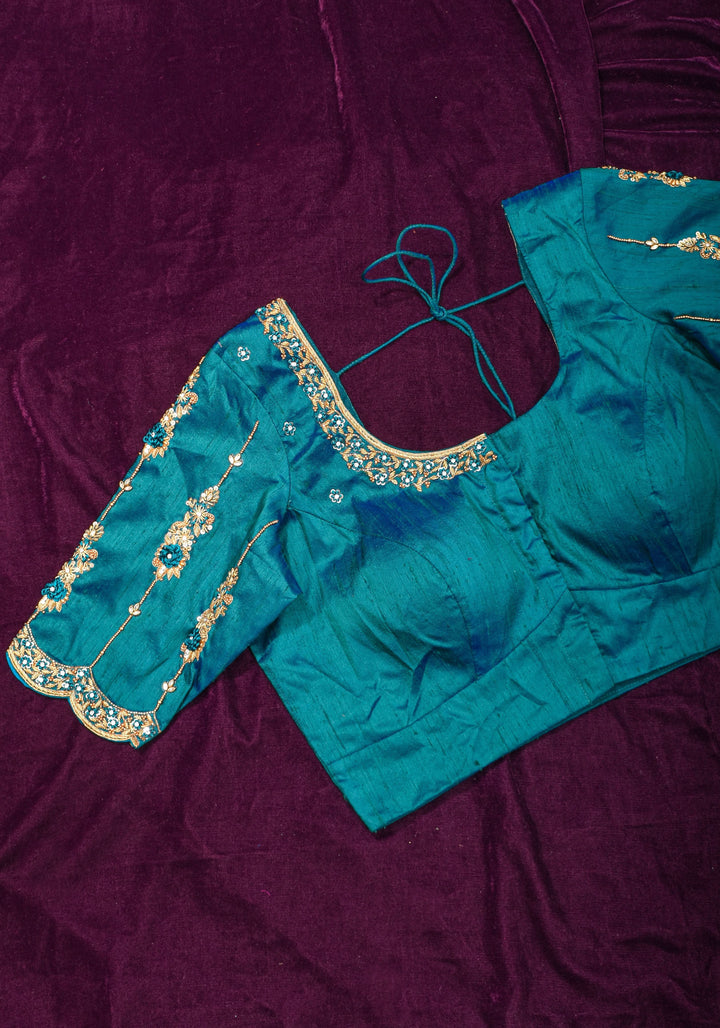 Made to Order: Peacock Blue Pure Raw Silk Blouse with Zardozi and Bead detailing