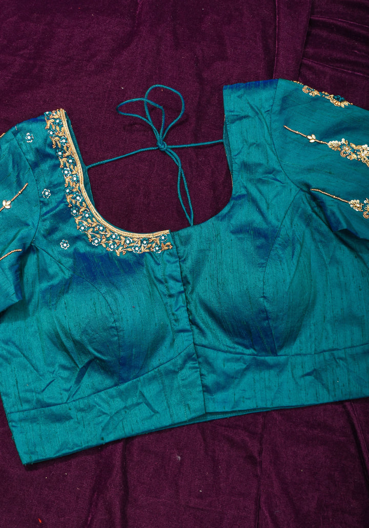 Made to Order: Peacock Blue Pure Raw Silk Blouse with Zardozi and Bead detailing