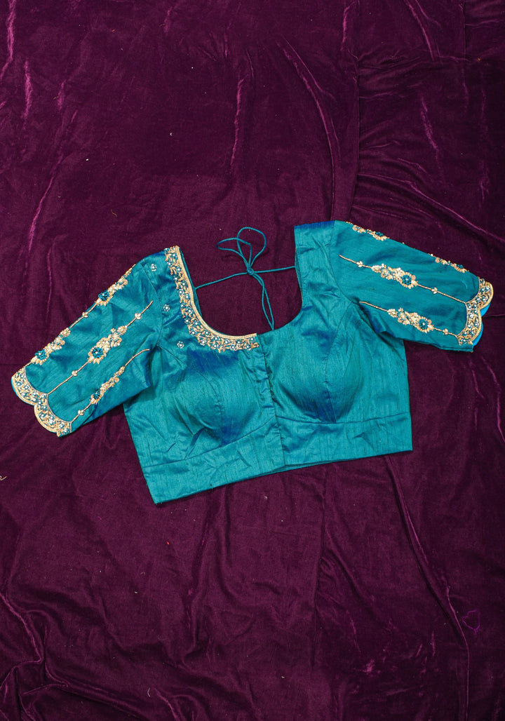 Made to Order: Peacock Blue Pure Raw Silk Blouse with Zardozi and Bead detailing