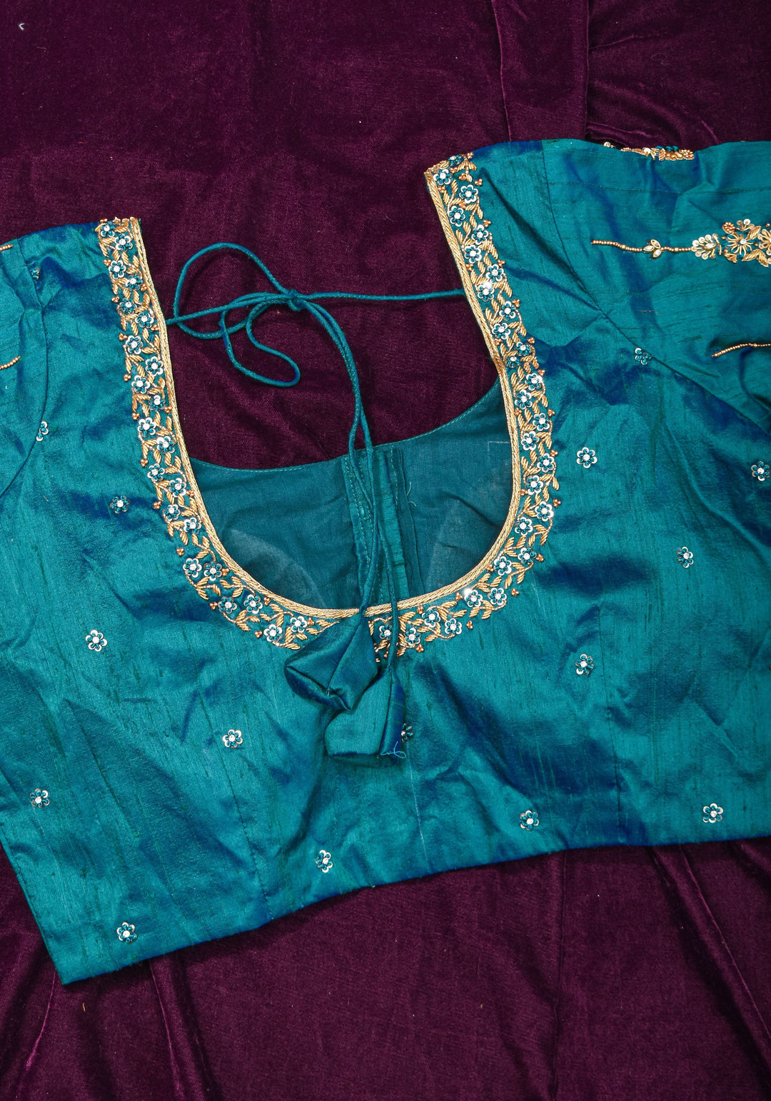 Made to Order: Peacock Blue Pure Raw Silk Blouse with Zardozi and Bead detailing | SHOBITAM