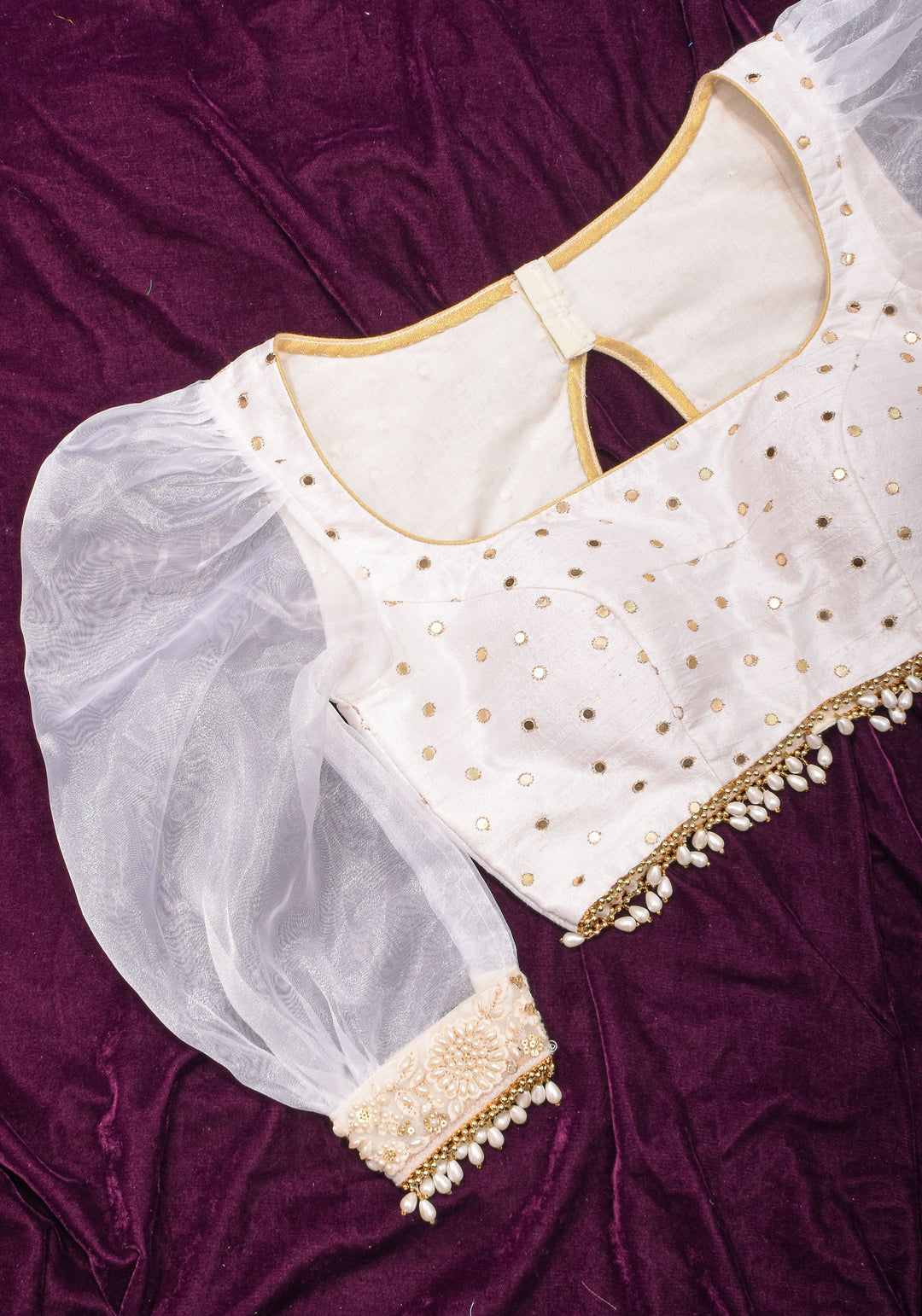Dramatic Organza Puff Sleeves with Pure Raw Silk with Sequin embellishments and Moti lace, Made to Order | SHOBITAM