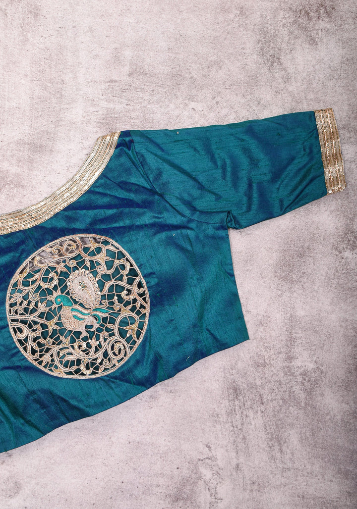 Peacock Blue Pure Raw Silk Blouse with Cutwork detailing, hand zardosi work, Made to Order