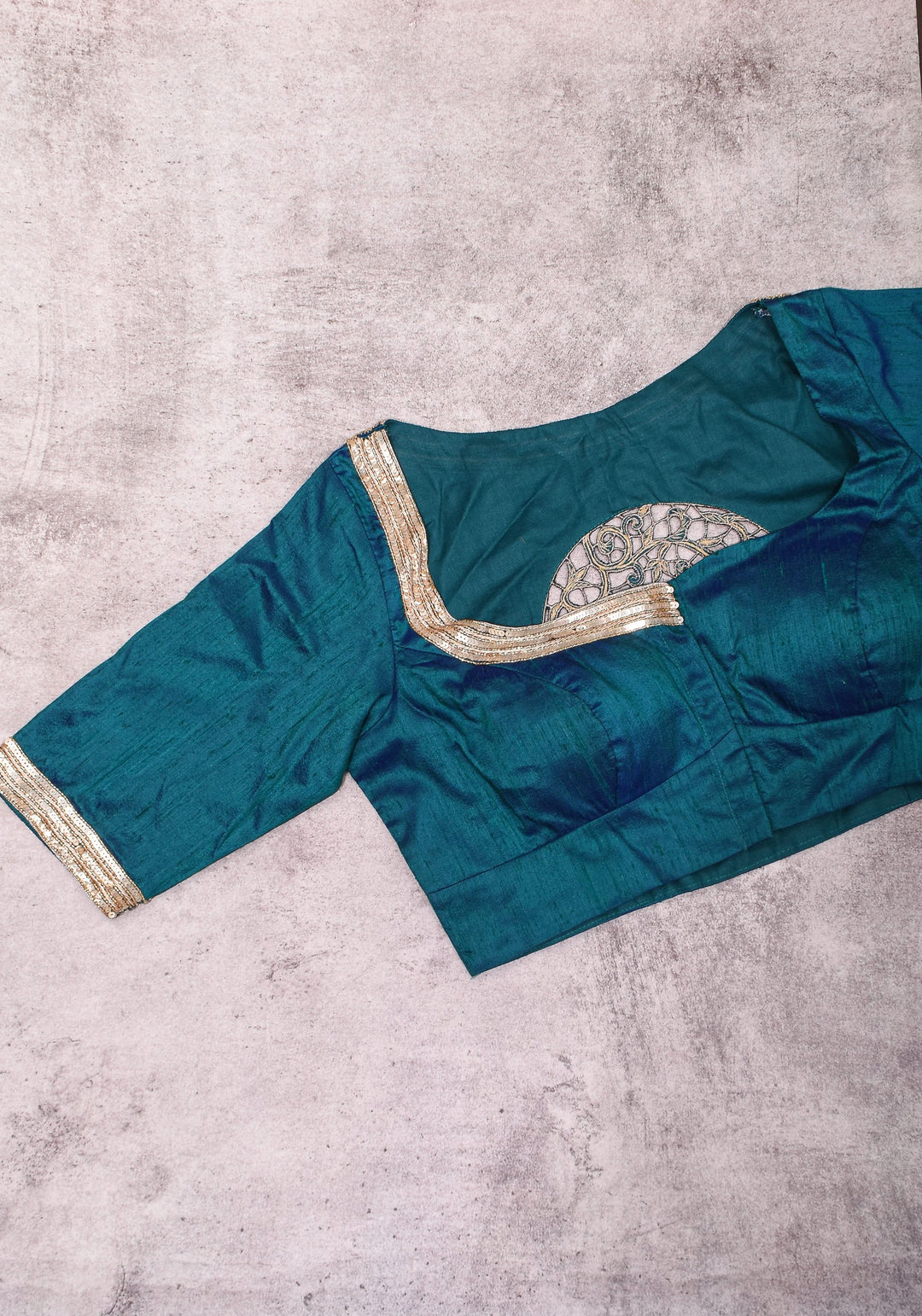 Peacock Blue Pure Raw Silk Blouse with Cutwork detailing, hand zardosi work, Made to Order