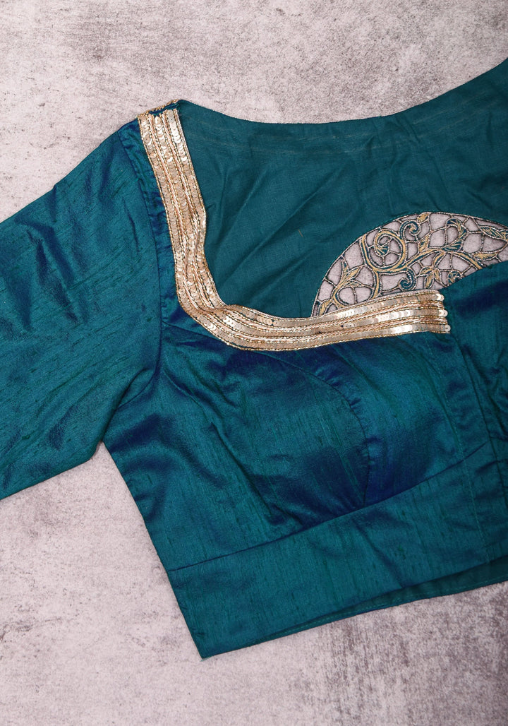 Peacock Blue Pure Raw Silk Blouse with Cutwork detailing, hand zardosi work, Made to Order