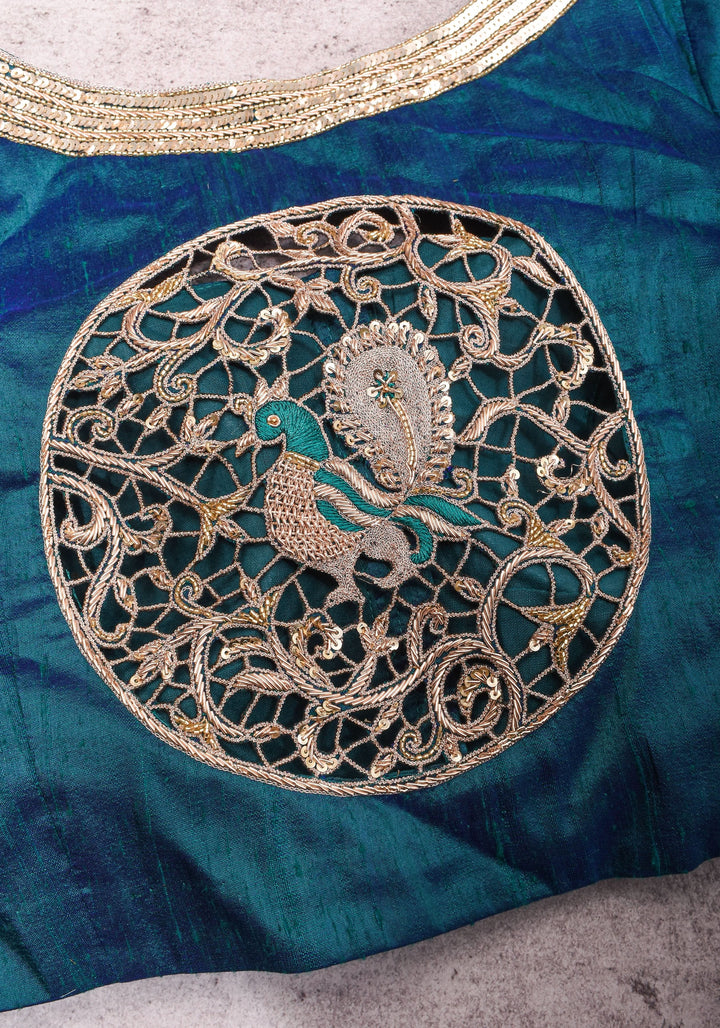 Peacock Blue Pure Raw Silk Blouse with Cutwork detailing, hand zardosi work, Made to Order