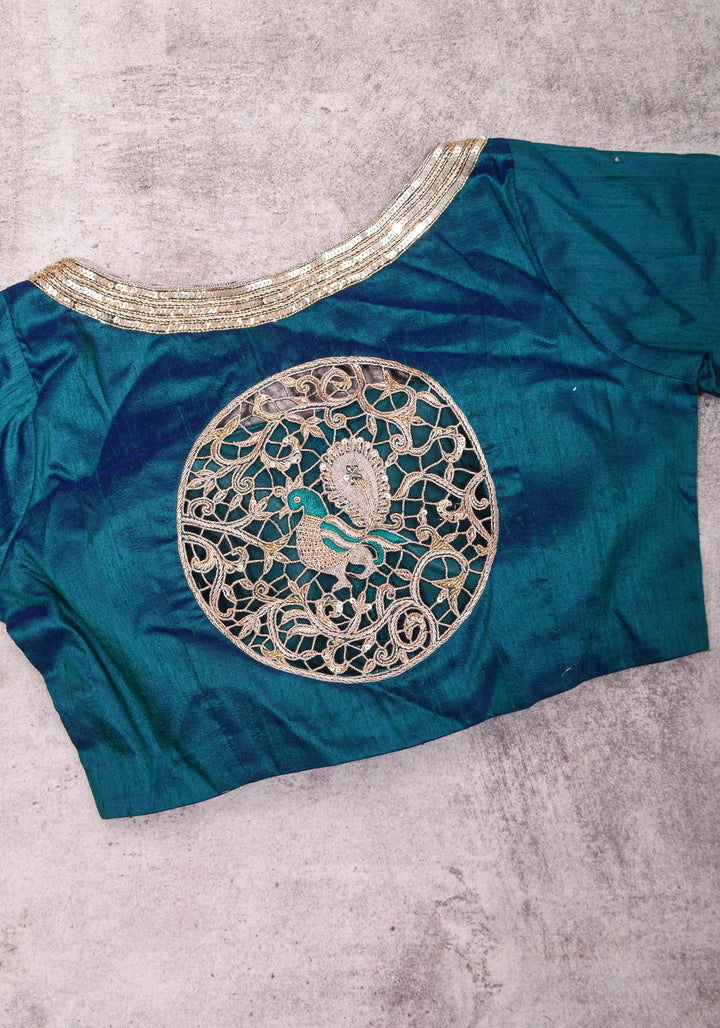 Peacock Blue Pure Raw Silk Blouse with Cutwork detailing, hand zardosi work, Made to Order